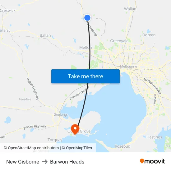 New Gisborne to Barwon Heads map