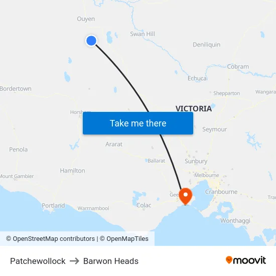 Patchewollock to Barwon Heads map