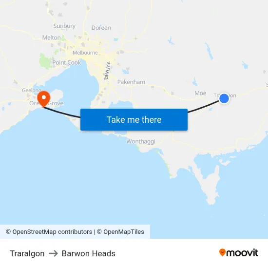 Traralgon to Barwon Heads map