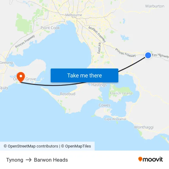 Tynong to Barwon Heads map