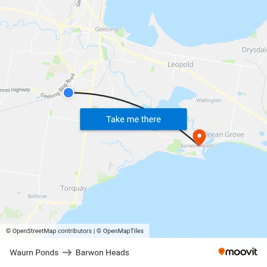 Waurn Ponds to Barwon Heads map