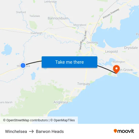 Winchelsea to Barwon Heads map