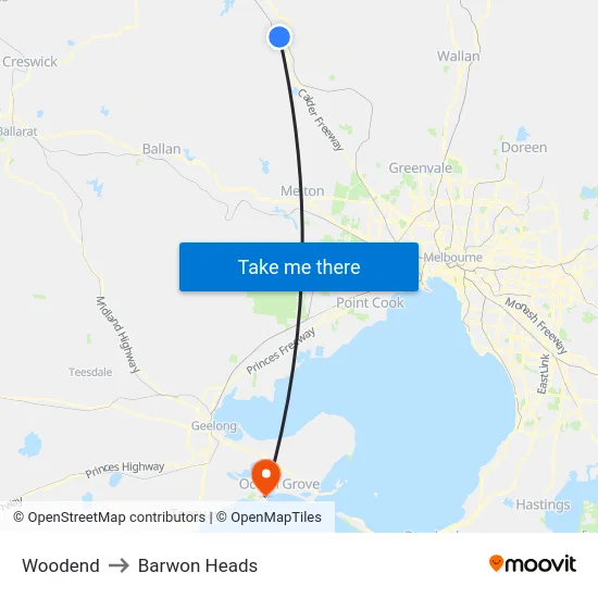 Woodend to Barwon Heads map