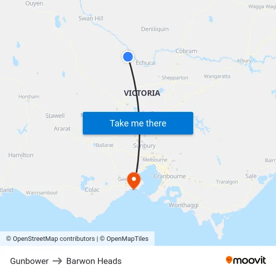 Gunbower to Barwon Heads map