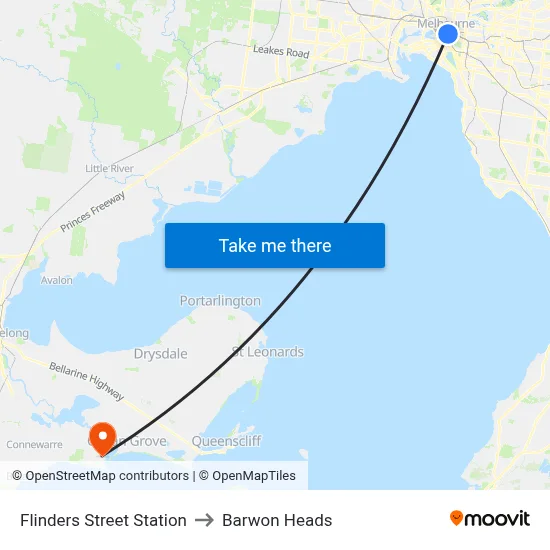 Flinders Street Station to Barwon Heads map