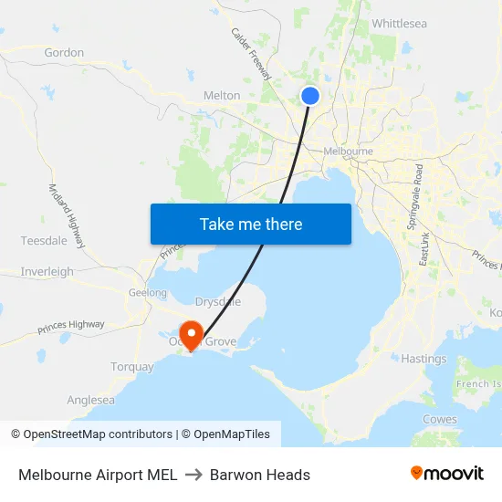 Melbourne Airport MEL to Barwon Heads map
