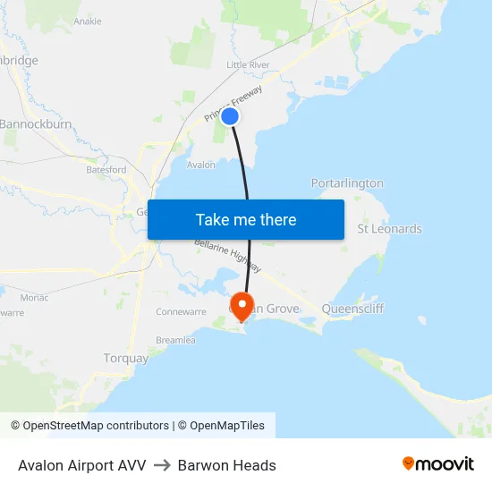 Avalon Airport AVV to Barwon Heads map