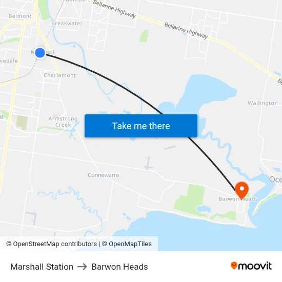 Marshall Station to Barwon Heads map