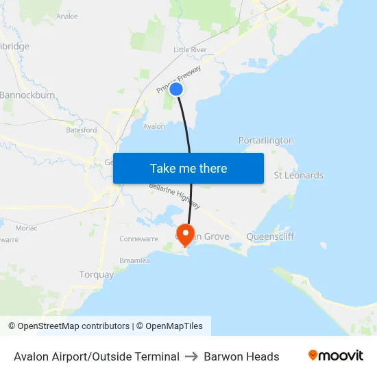Avalon Airport/Outside Terminal to Barwon Heads map
