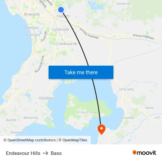 Endeavour Hills to Bass map