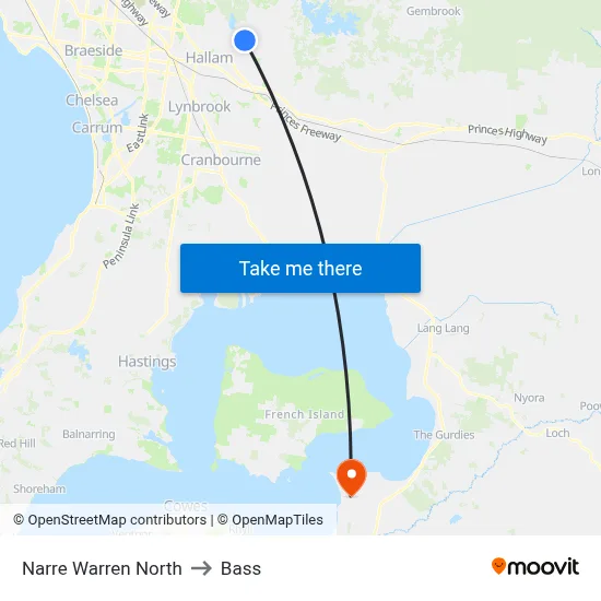 Narre Warren North to Bass map