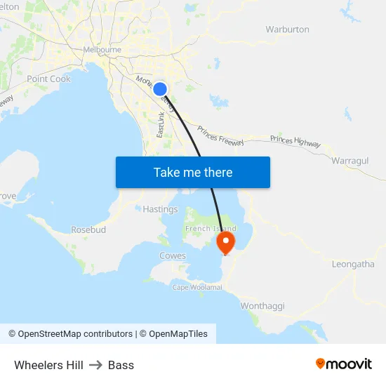 Wheelers Hill to Bass map