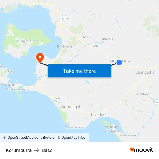 Korumburra to Bass map