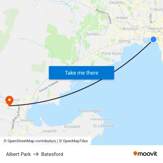 Albert Park to Batesford map