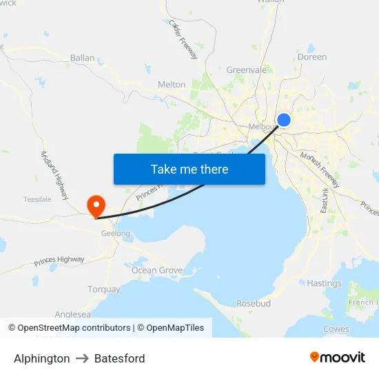 Alphington to Batesford map