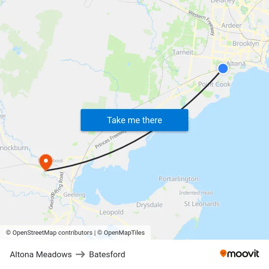 Altona Meadows to Batesford map