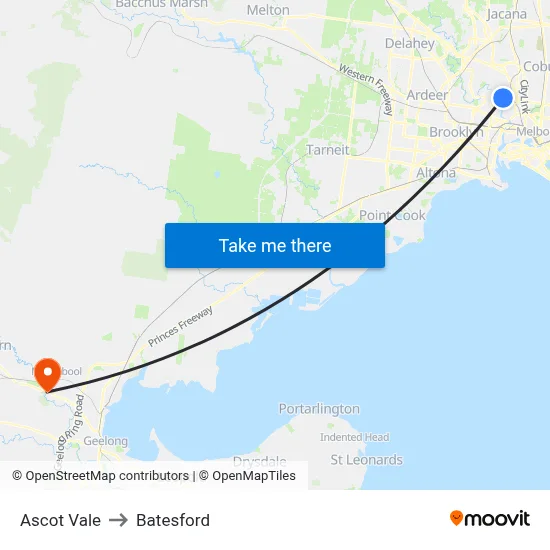 Ascot Vale to Batesford map
