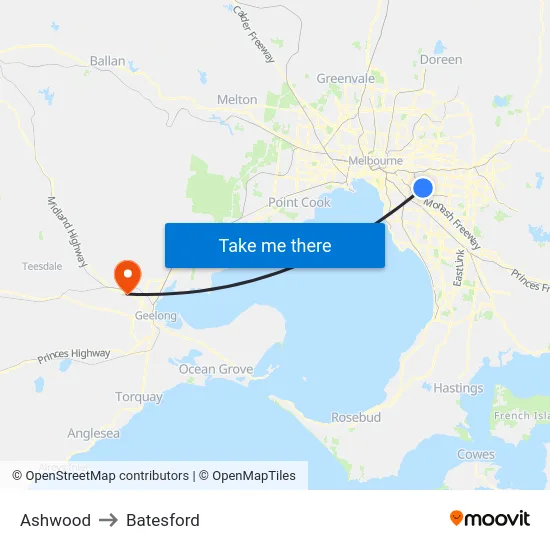 Ashwood to Batesford map