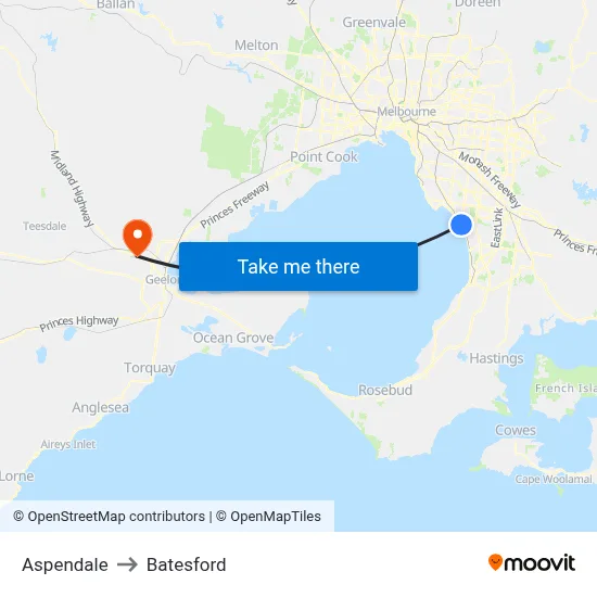 Aspendale to Batesford map