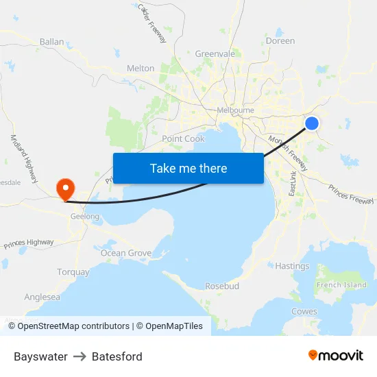 Bayswater to Batesford map