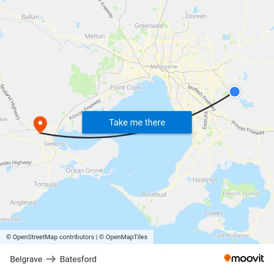Belgrave to Batesford map