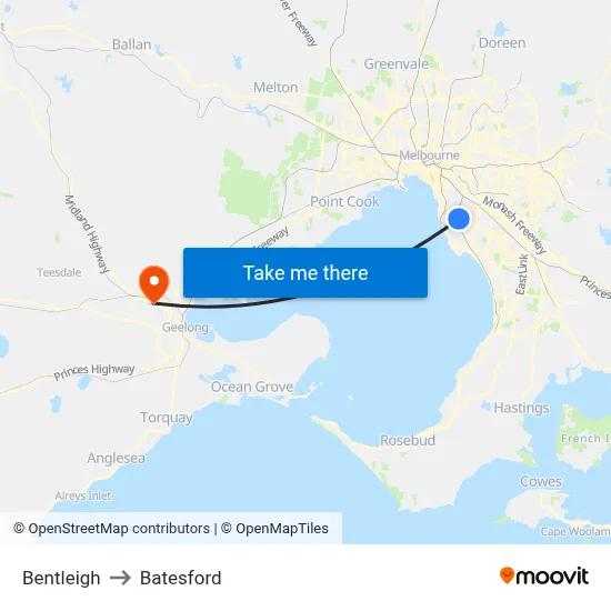 Bentleigh to Batesford map