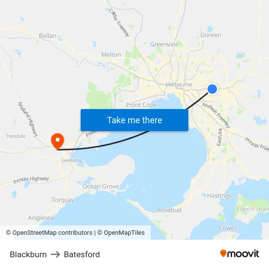 Blackburn to Batesford map