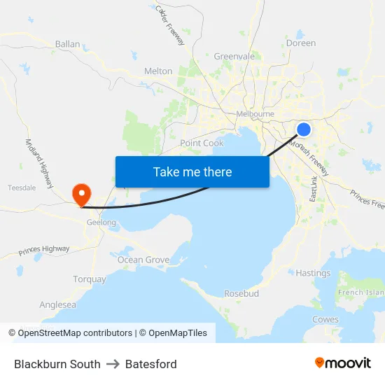 Blackburn South to Batesford map