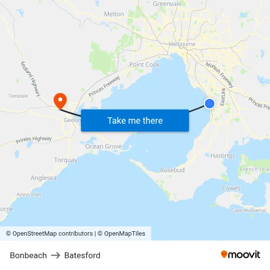Bonbeach to Batesford map