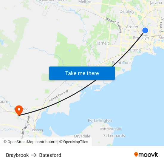 Braybrook to Batesford map