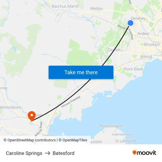 Caroline Springs to Batesford map