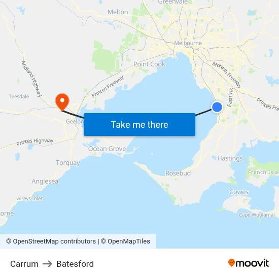 Carrum to Batesford map