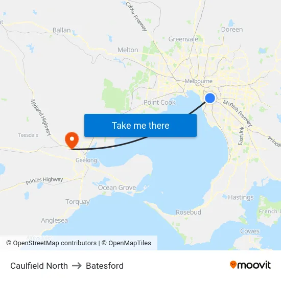Caulfield North to Batesford map