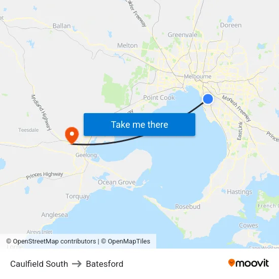 Caulfield South to Batesford map
