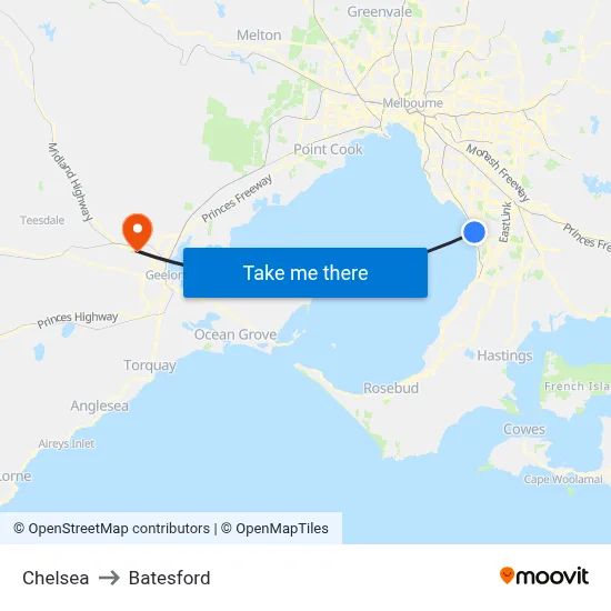 Chelsea to Batesford map