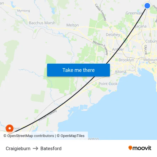 Craigieburn to Batesford map