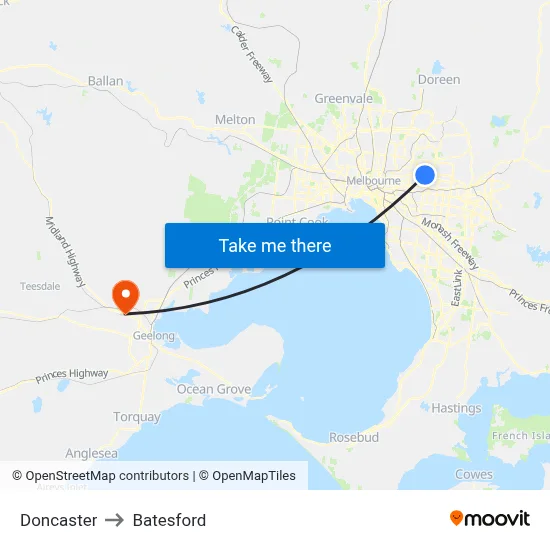 Doncaster to Batesford map