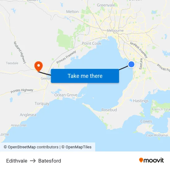 Edithvale to Batesford map