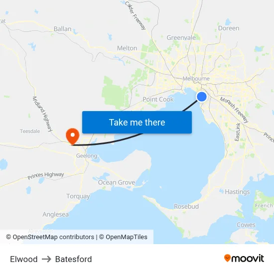 Elwood to Batesford map