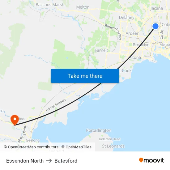 Essendon North to Batesford map