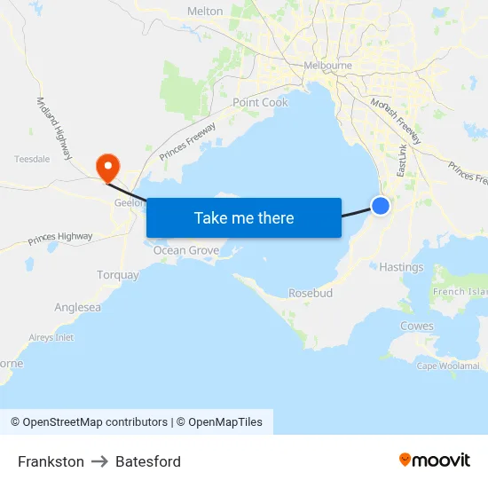 Frankston to Batesford map
