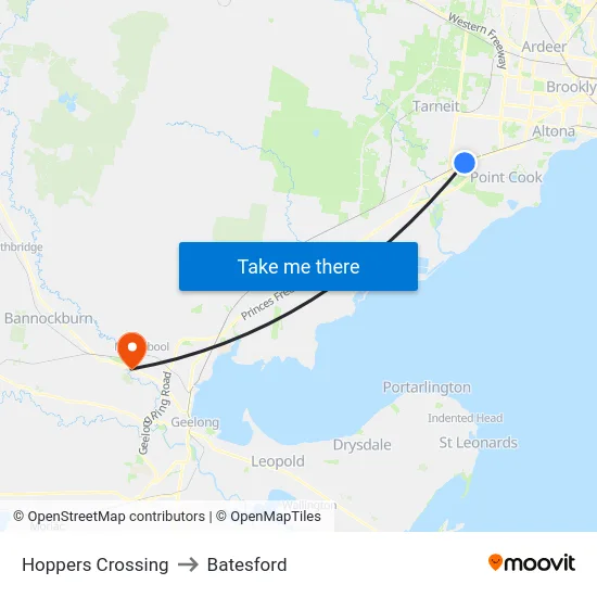 Hoppers Crossing to Batesford map