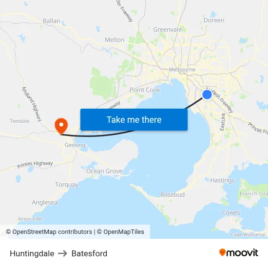 Huntingdale to Batesford map