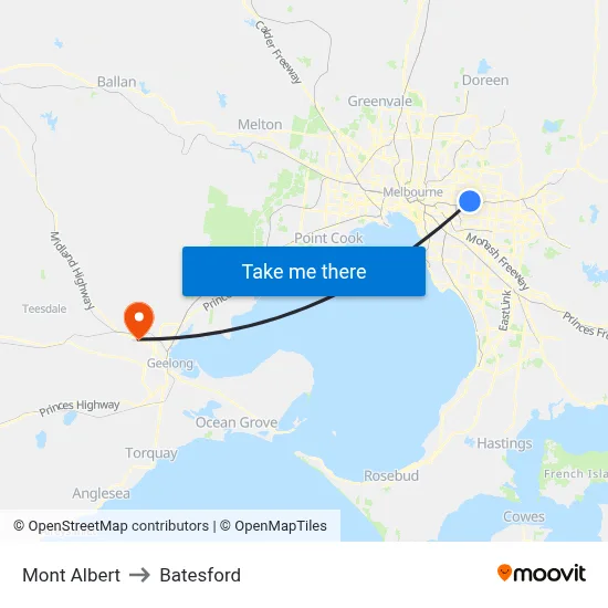 Mont Albert to Batesford map