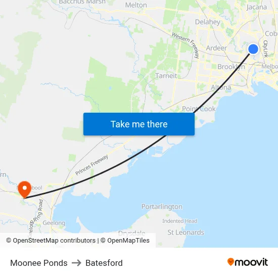 Moonee Ponds to Batesford map