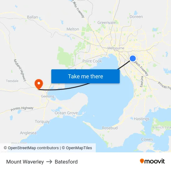 Mount Waverley to Batesford map
