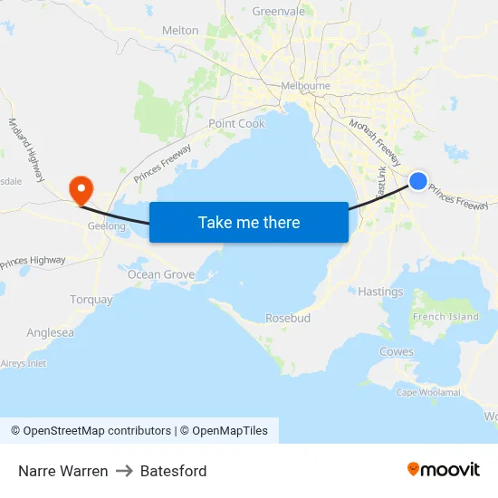 Narre Warren to Batesford map