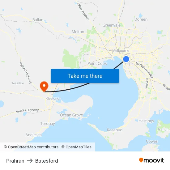 Prahran to Batesford map