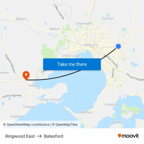 Ringwood East to Batesford map