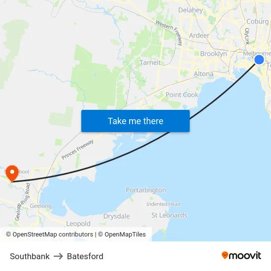 Southbank to Batesford map